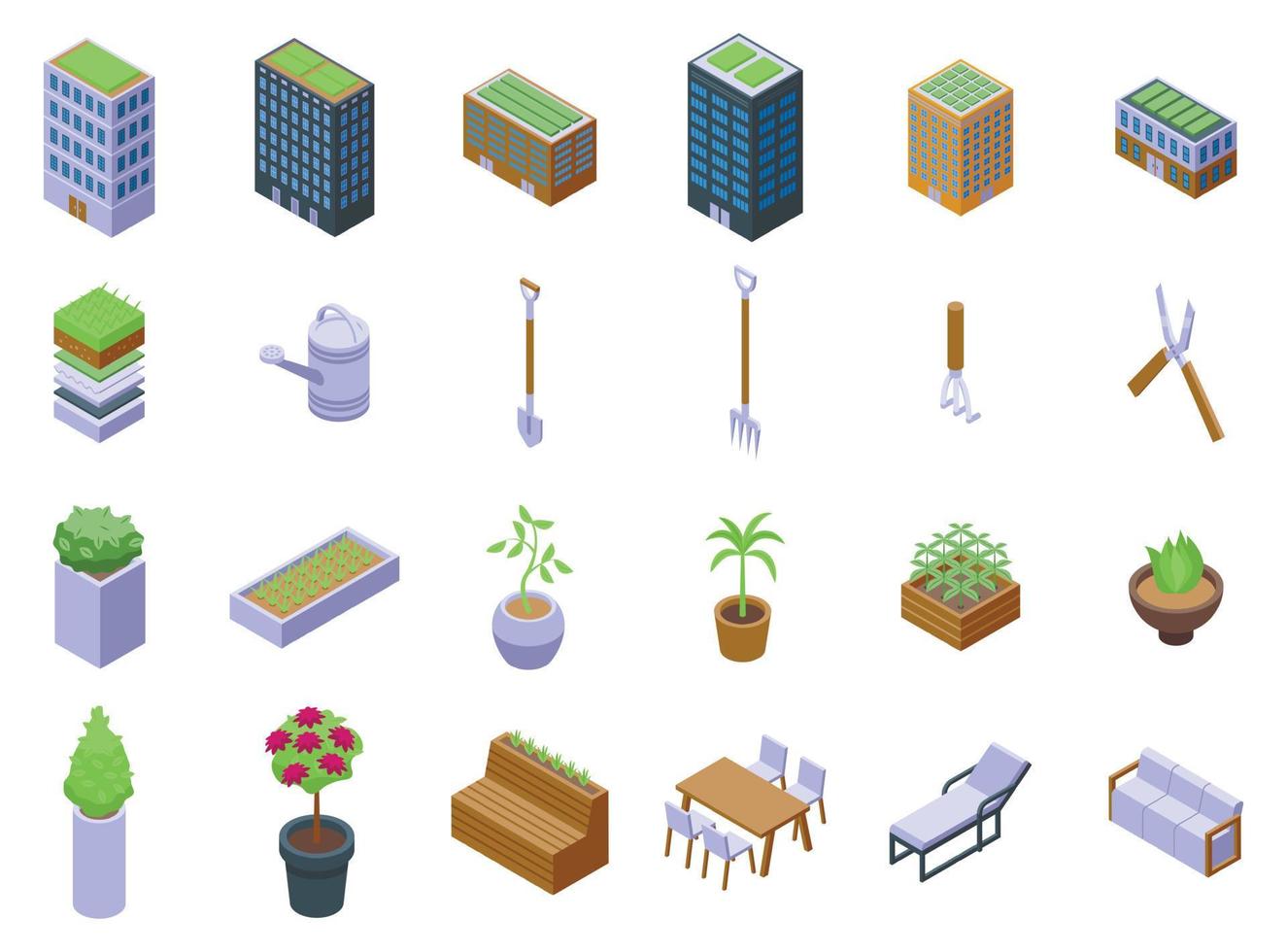 Roof gardening icons set isometric vector. Building house vector