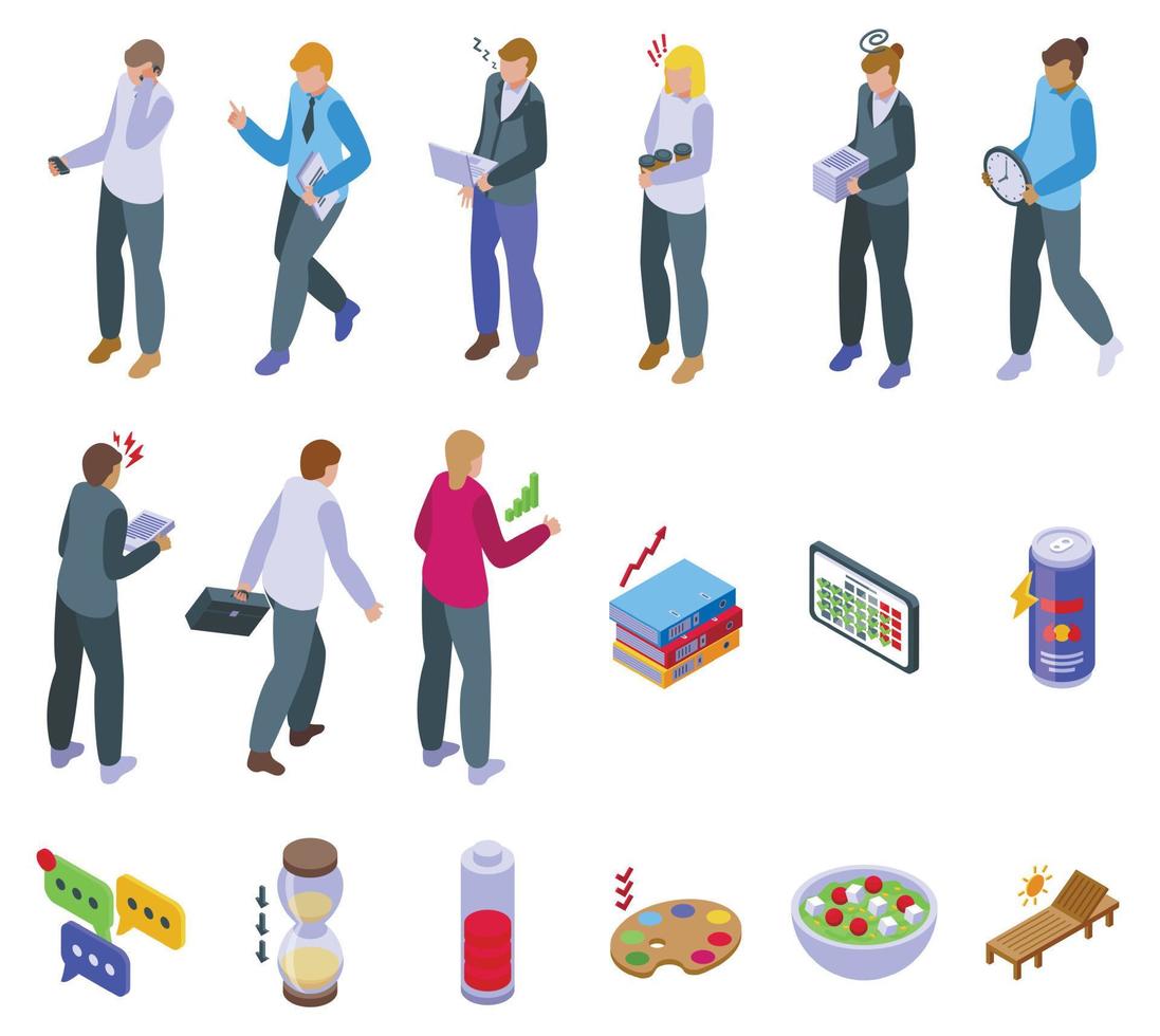 Workaholic icons set isometric vector. Tired woman vector