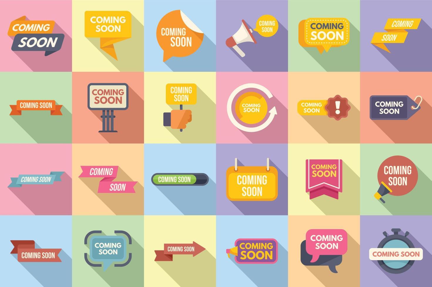 Coming soon icons set flat vector. Neon sign vector