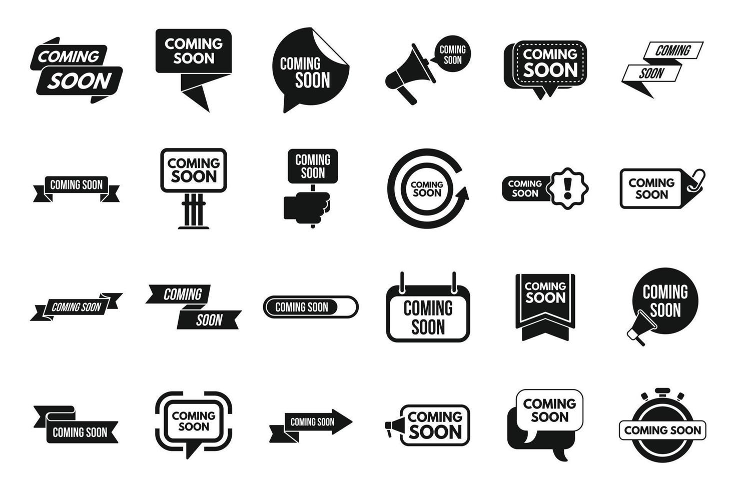 Coming soon icons set simple vector. Neon sign vector