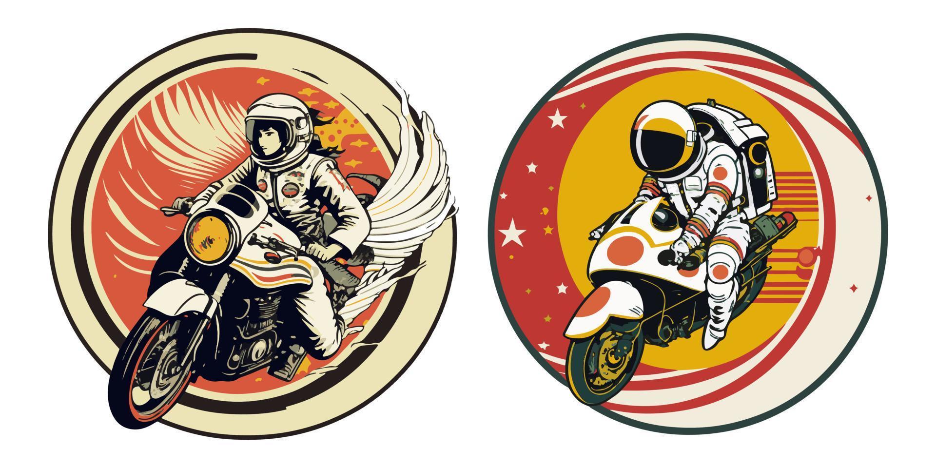 Clásico astronauta en universal japonés motos camisa vector