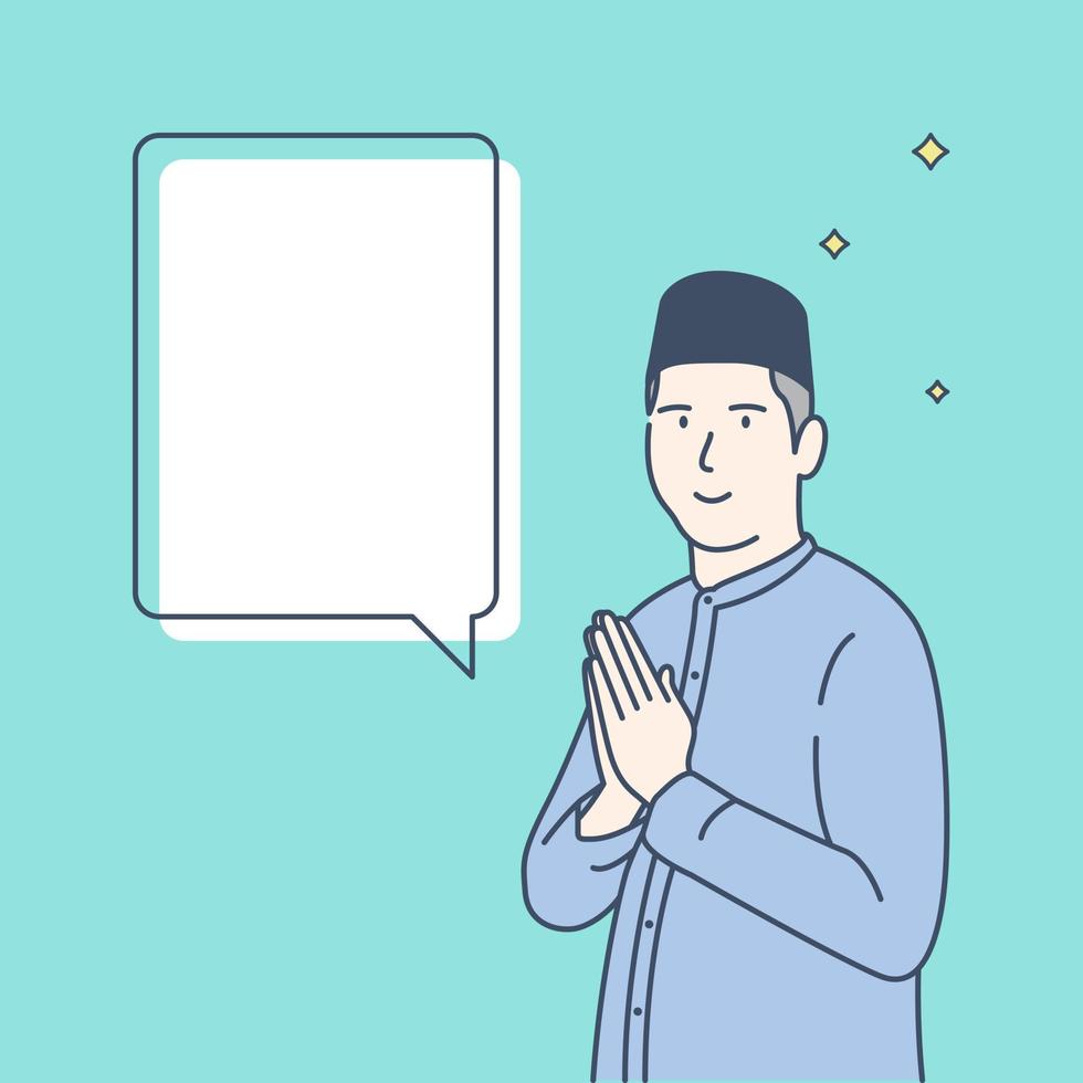 Flat Moslem man smiling to give ramadan celebration greeting, hand drawn style vector design illustration