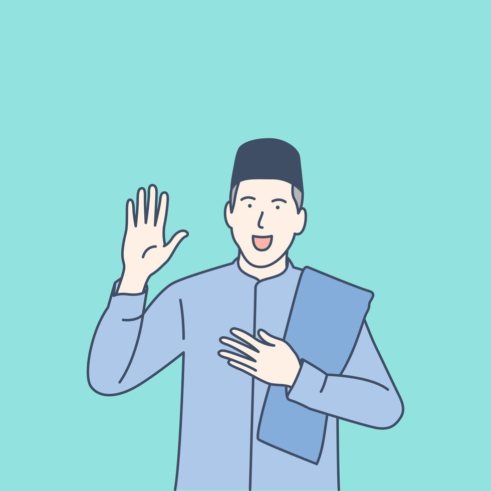 Happy moslem man while waving his hand to greet, hand drawn style vector design illustrations