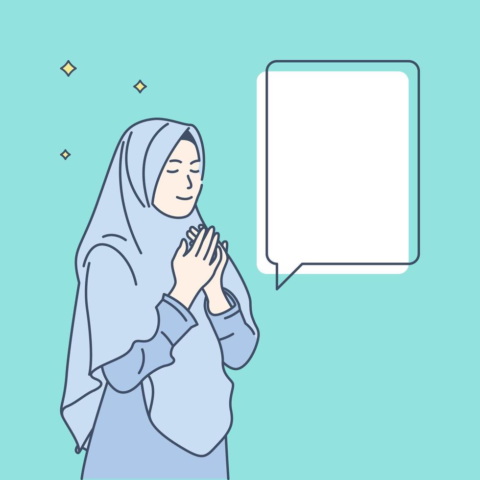 Muslim young woman praying open her arm, hand drawn style vector design illustrations