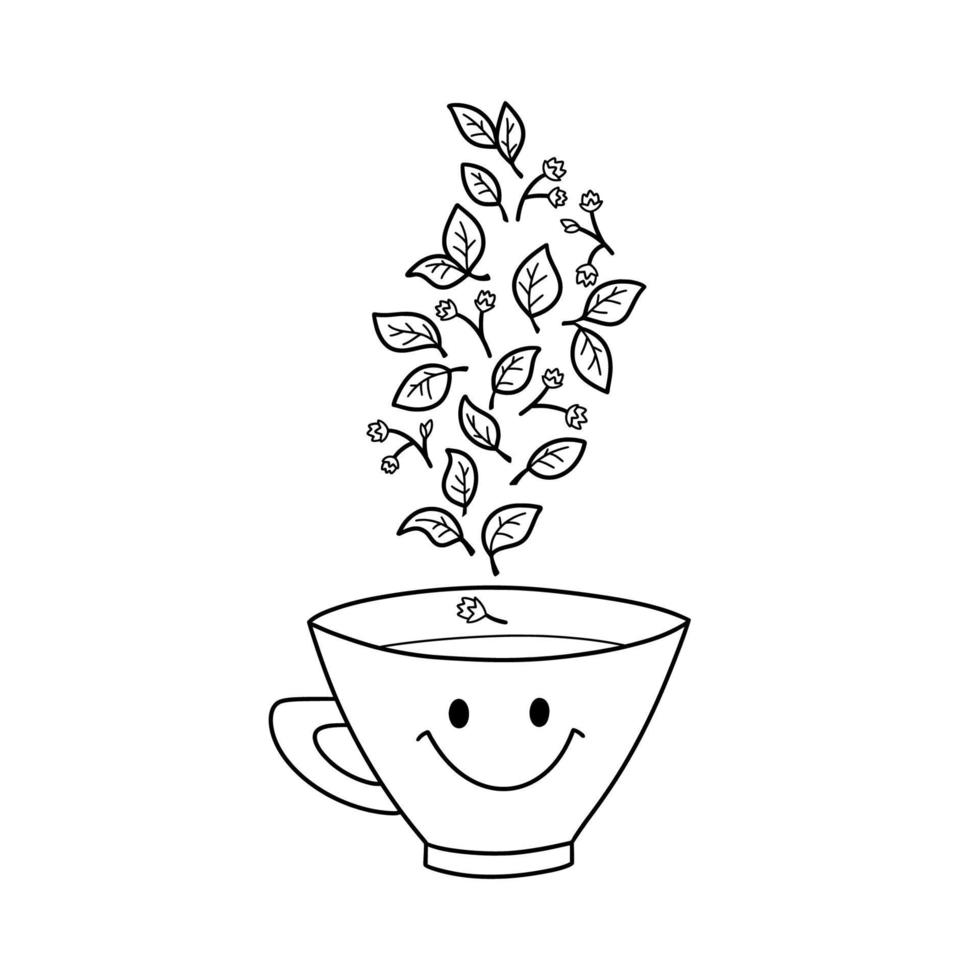 Cheerful cup of herbal tea with leaves and buds in the style of kawaii doodle. Tea time. Vector illustration.