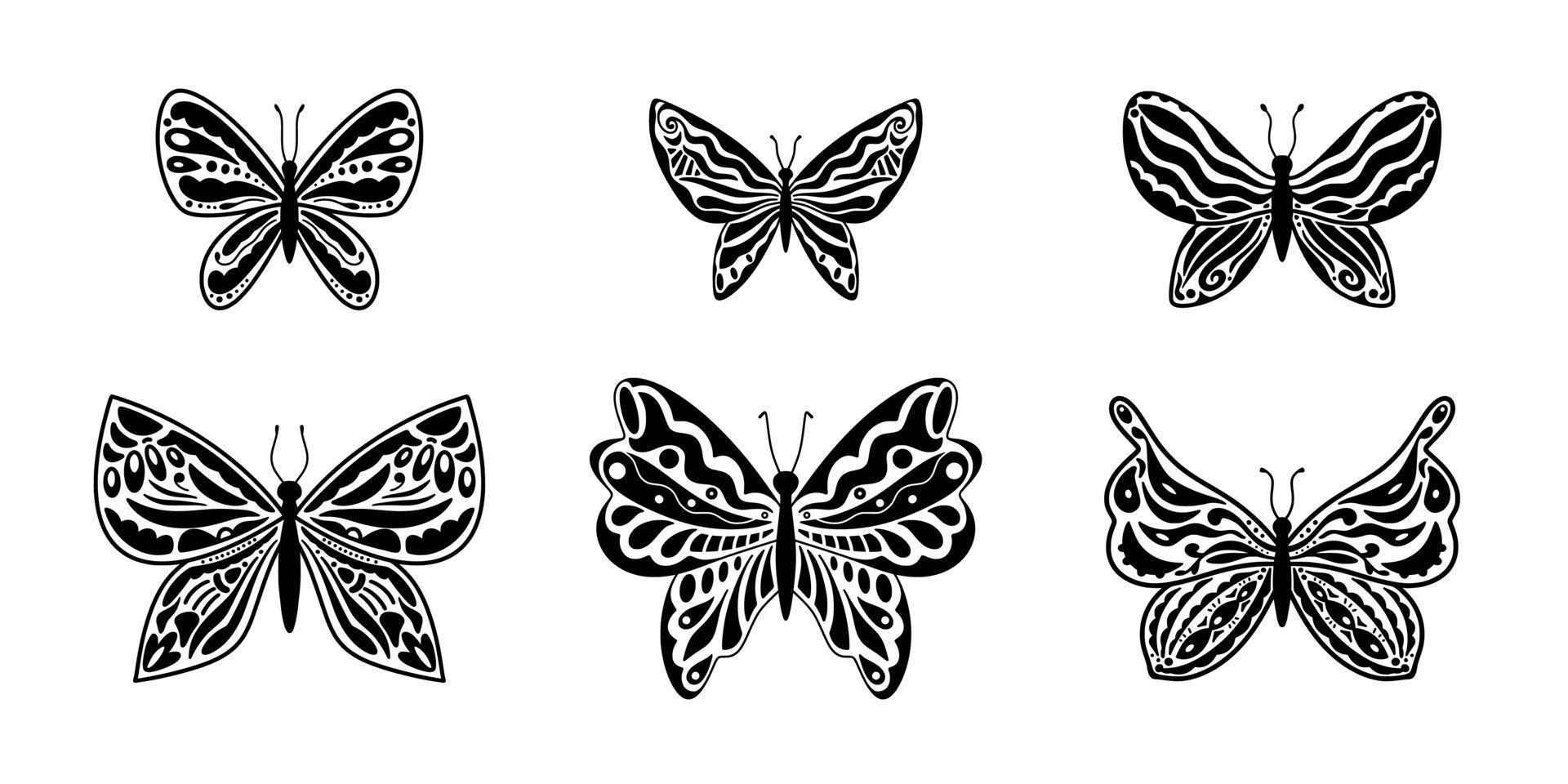 Black sketches of butterflies. Tattoo art stickers. Y2k aesthetic. Elegant silhouettes of butterflies in the trendy retro style of the 2000s. vector
