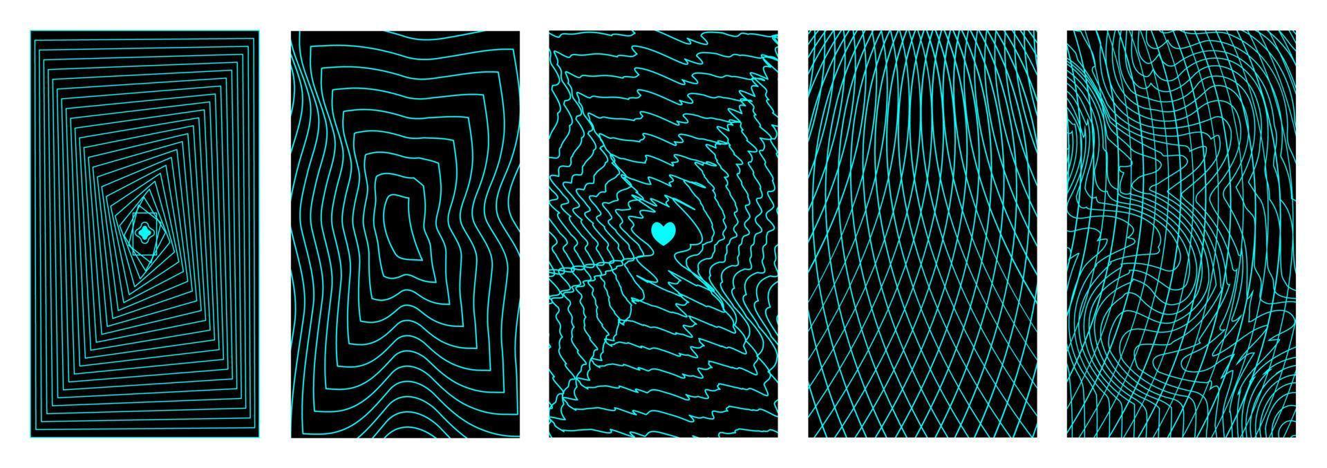 Rave psychedelic retro futuristic set of backgrounds. Y2K aesthetics. Kaybug.Twisted pattern, surreal shapes, altered perspective grids. Vector. vector