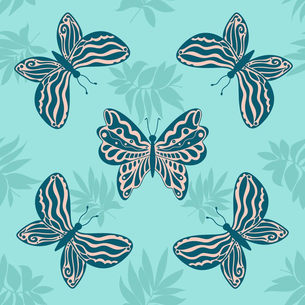 Seamless pattern with cartoon butterflies. Elegant insects on a blue background. Vector. vector