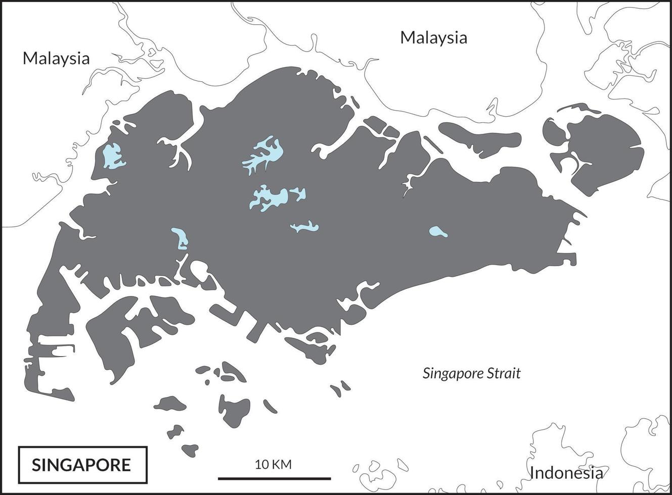 Singapore map high details on black color and white background and border countries, Malaysia, Indonesia, and Singapore Strait vector