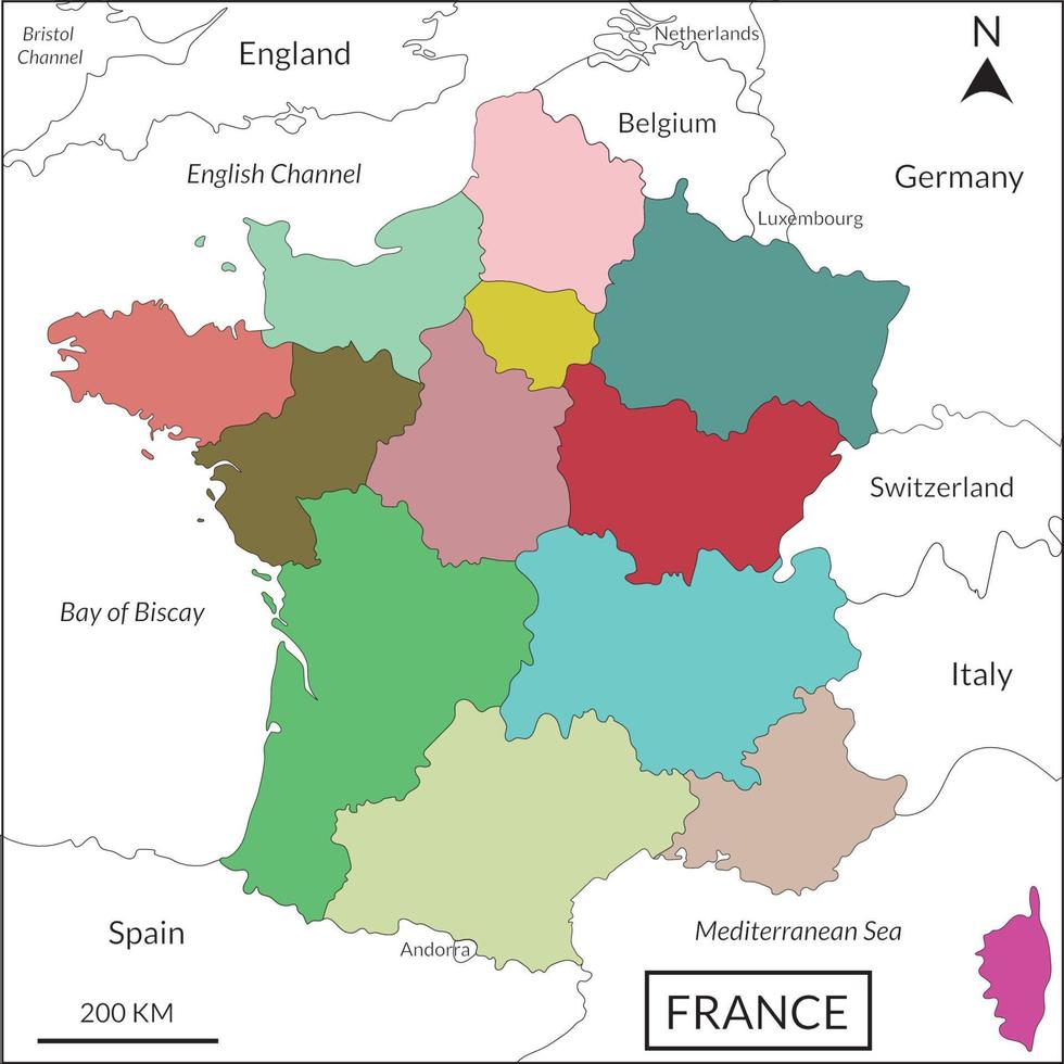 France map. French map. High detailed with multicolor division 13 regions include border countries, Italy, Belgium, Switzerland, England, Luxembourg, Andorra, Spain, Germany, English Channel, Mediterr vector