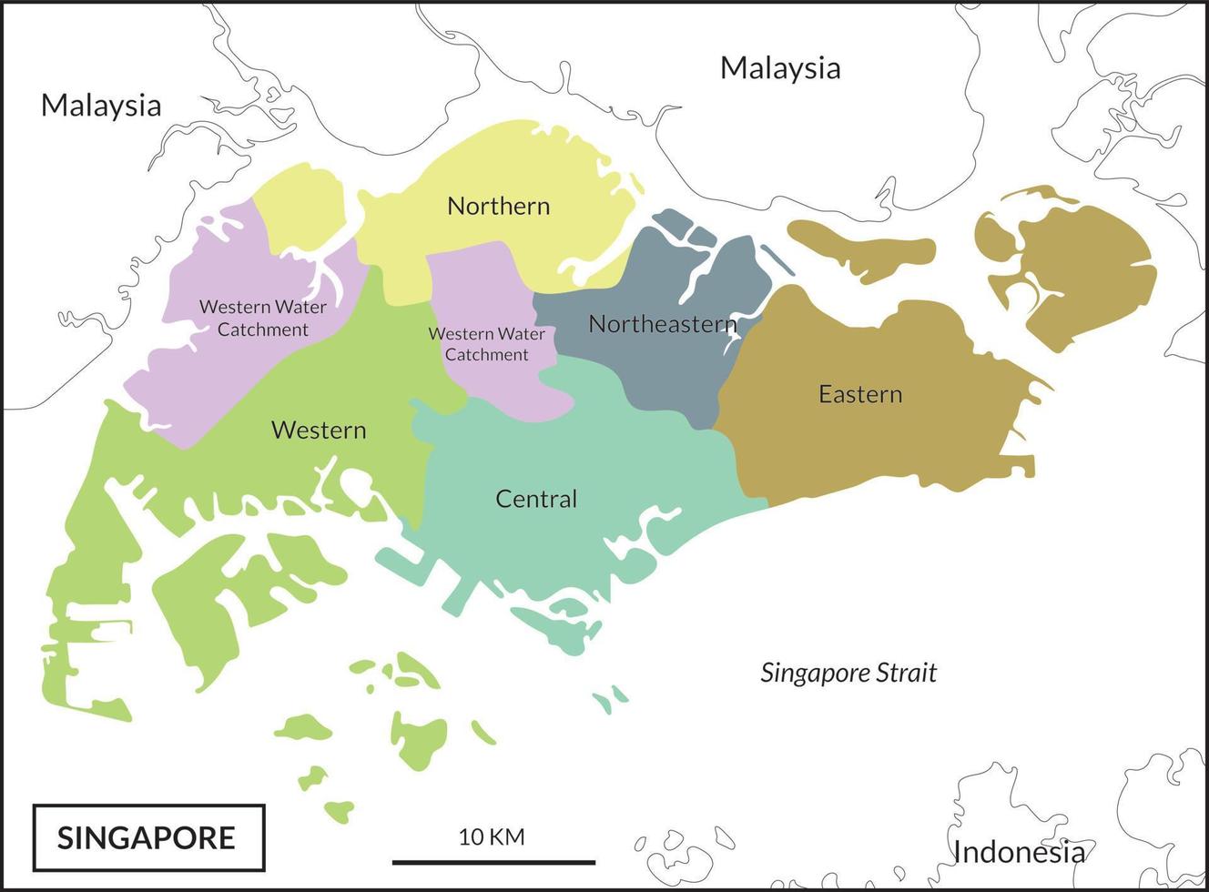Singapur mapa con seis regiones en detalles. vector