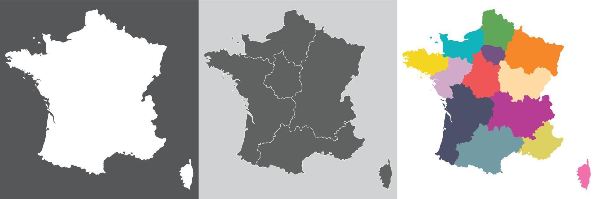 France French map set with white, grey and multicolor division regions include vector