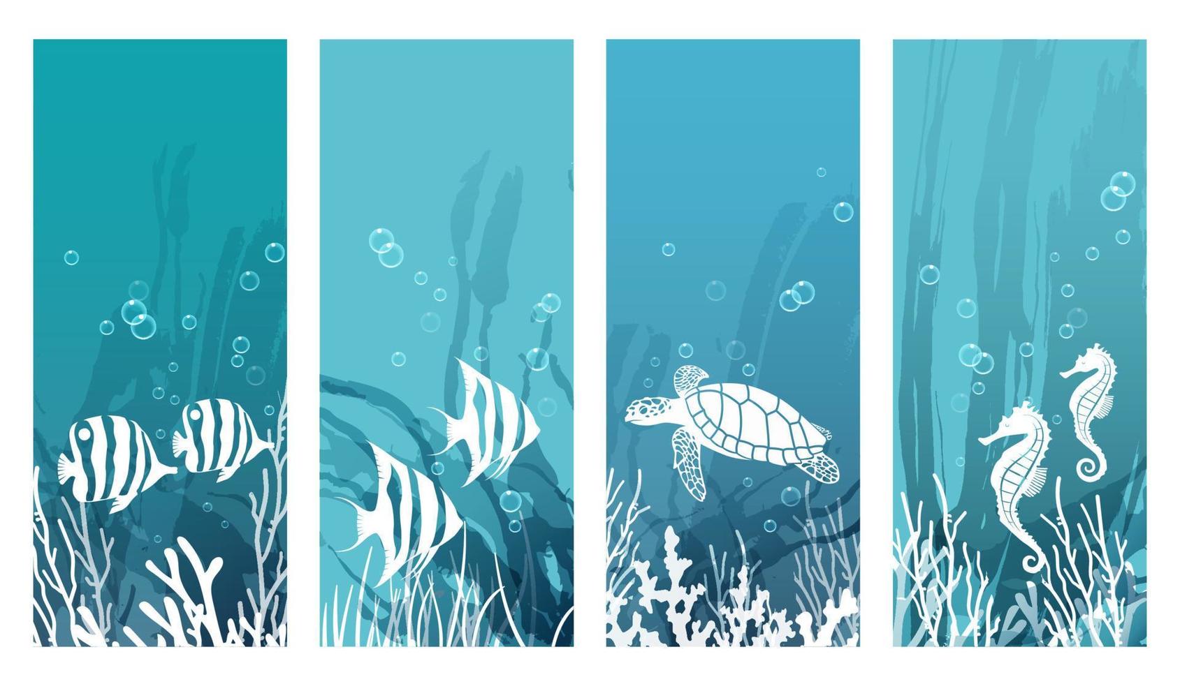 Vector Undersea Creatures Card Set With Tropical Fishes, A Turtle, And Sea Horses Isolated On A White Background.