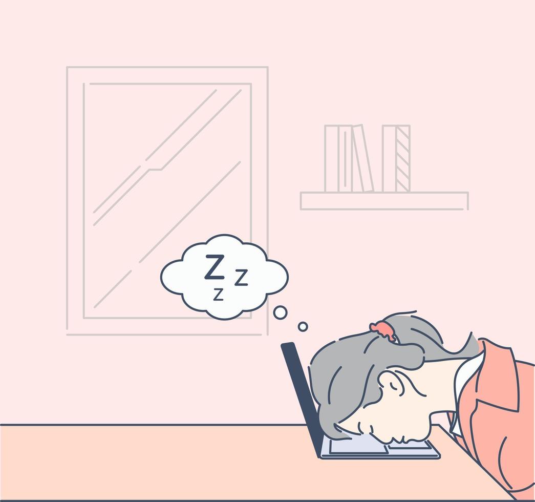 Young woman sleeping on laptop, hand drawn style vector design illustration