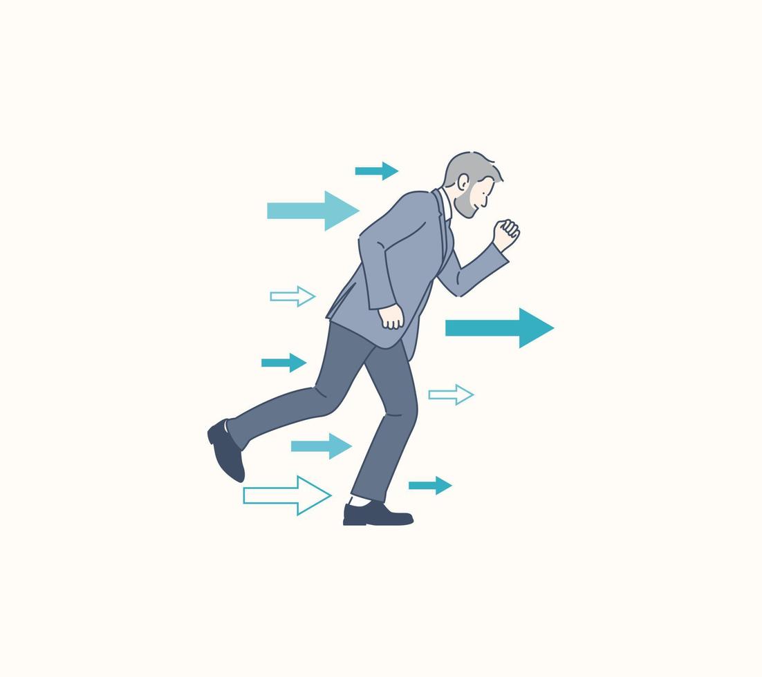 Leader step forward pushed by arrow, hand drawn style vector design illustration