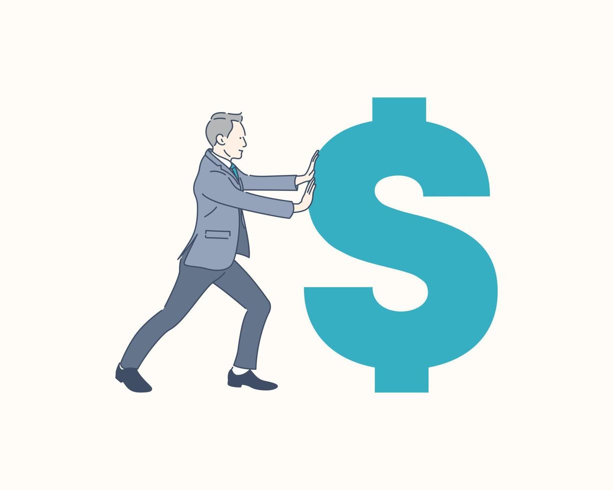 Businessman pushing dollar sign, income increase. hand drawn style vector design illustration