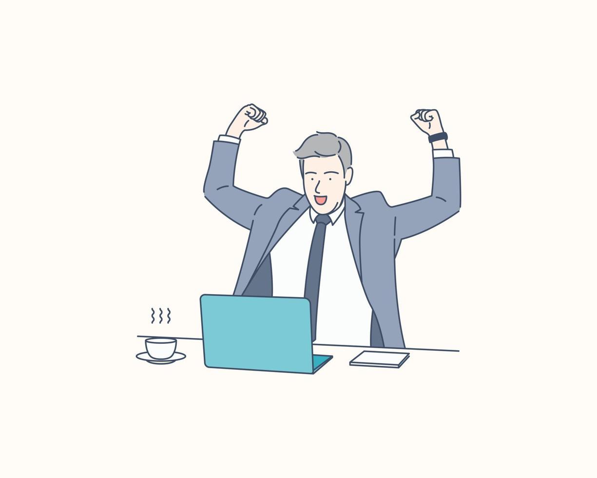 Businessman excited because of achievement in business, hand drawn style vector design illustration