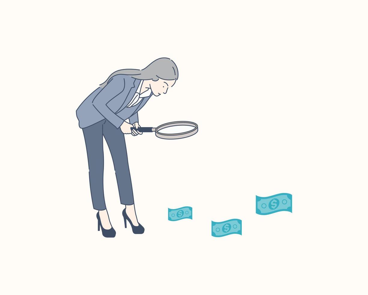 Illustration of a businesswoman looking at banknotes through magnifying glass, hand drawn style vector design illustration