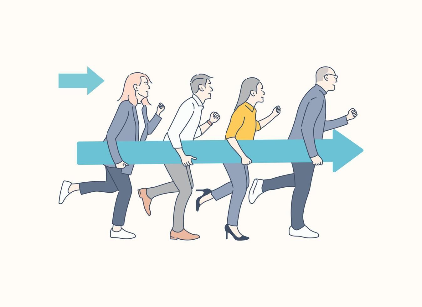 Business team running in the right direction, hand drawn style vector design illustration