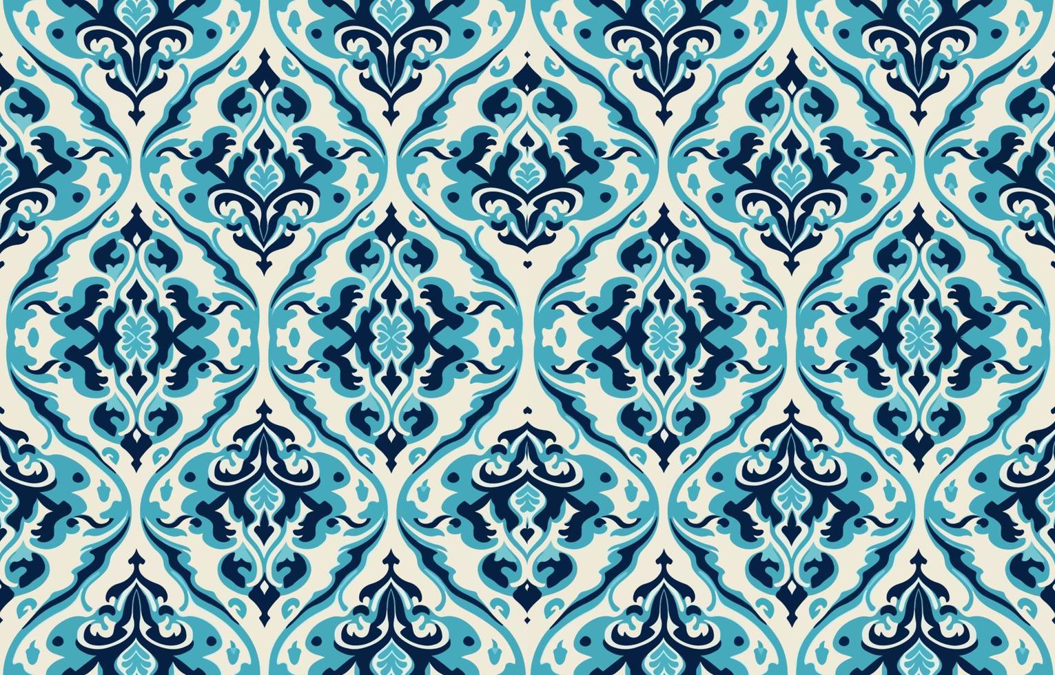 Porcelain seamless fabric pattern bright blue tone. Abstract traditional folk ikat antique porcelain graphic line. Texture textile vector illustration ornate elegant luxury vintage retro style.