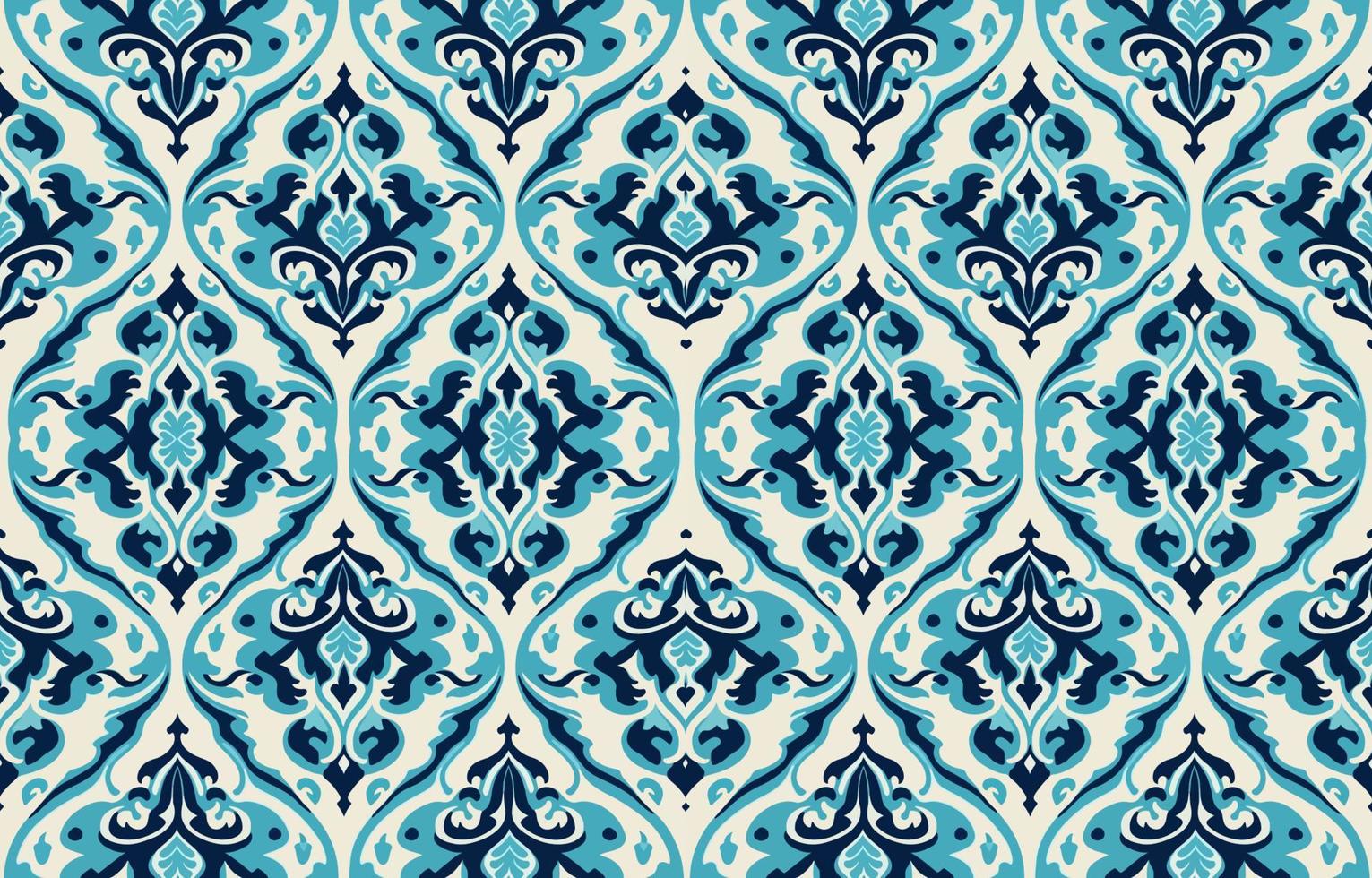 Porcelain seamless fabric pattern bright blue tone. Abstract traditional folk ikat antique porcelain graphic line. Texture textile vector illustration ornate elegant luxury vintage retro style.