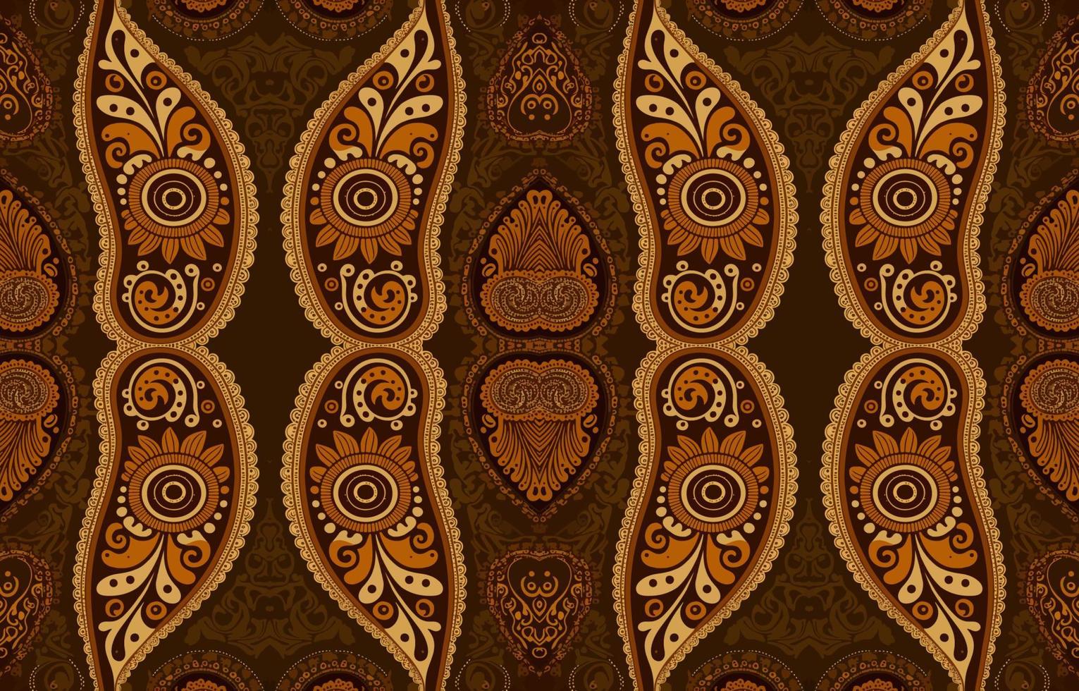 African Ikat paisley seamless pattern brown tone. Abstract traditional folk antique graphic paisley line. Texture textile vector illustration ornate elegant luxury vintage retro style.