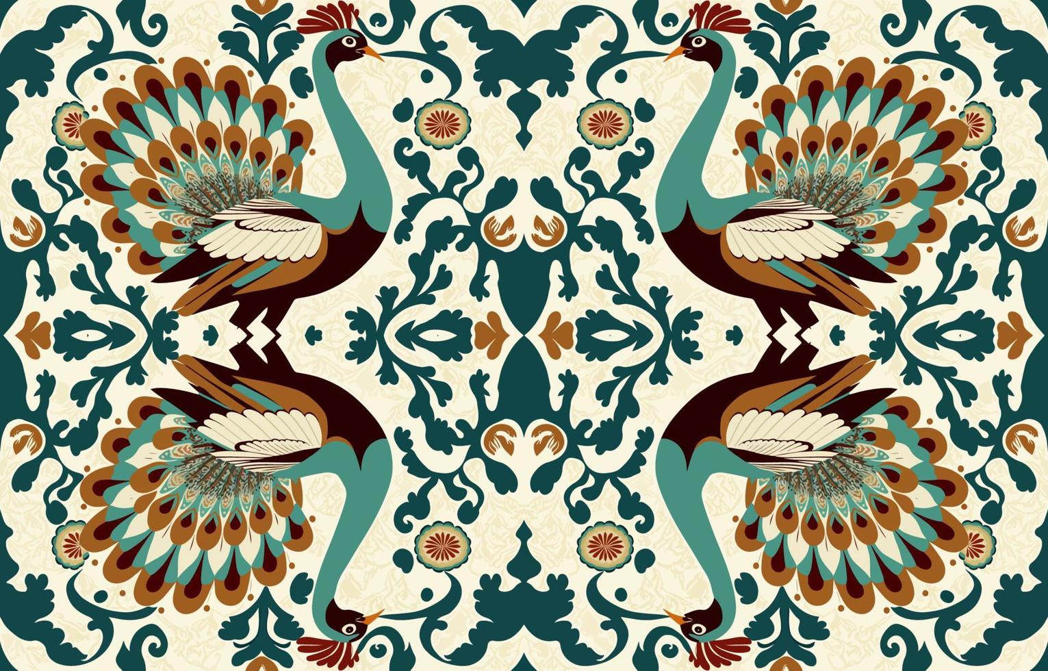 Turkey chicken pheasant peacock fabric seamless pattern. Abstract fabric textile line graphic antique style. Ethnic vector ornate elegant luxury vintage retro design. Art print for clothing background