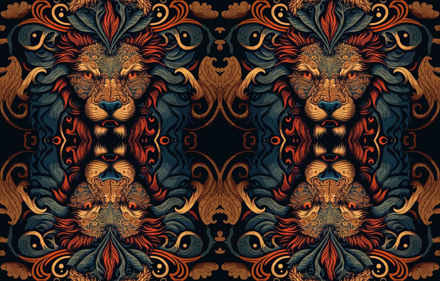 Ethnic lion fabric pattern. Abstract traditional folk antique graphic line lion. Fabric textile lion vector illustration ornate elegant luxury vintage retro style. Art print design for clothing etc.