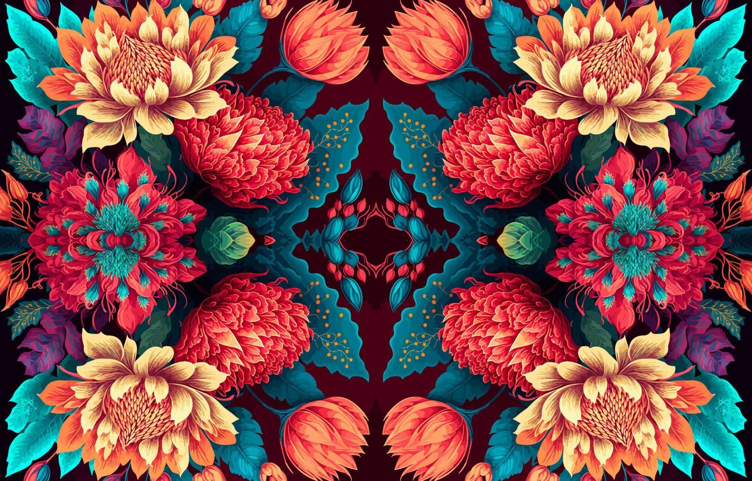 Floral seamless fabric pattern on black background. Abstract fabric textile line graphic flower blooming antique. Ethnic colorful flowers garden vector ornate elegant luxury vintage retro style.