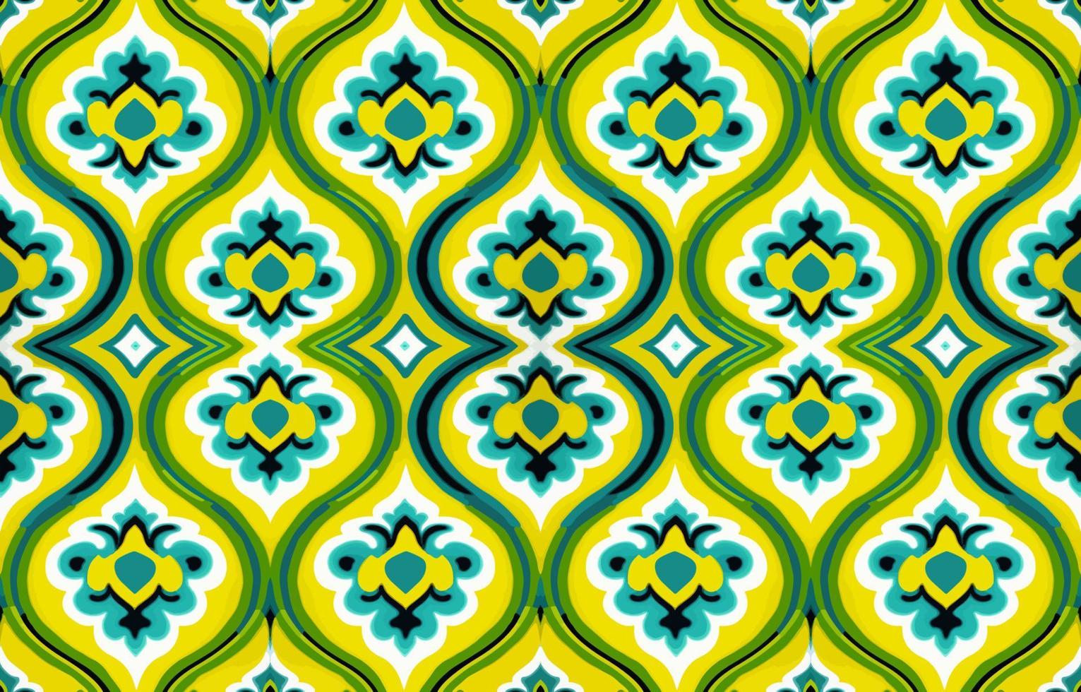 porcelana sin costura tela modelo brillante verde amarillo. resumen tradicional gente ikat antiguo porcelana gráfico línea. textura textil vector ilustración florido elegante lujo Clásico retro estilo.