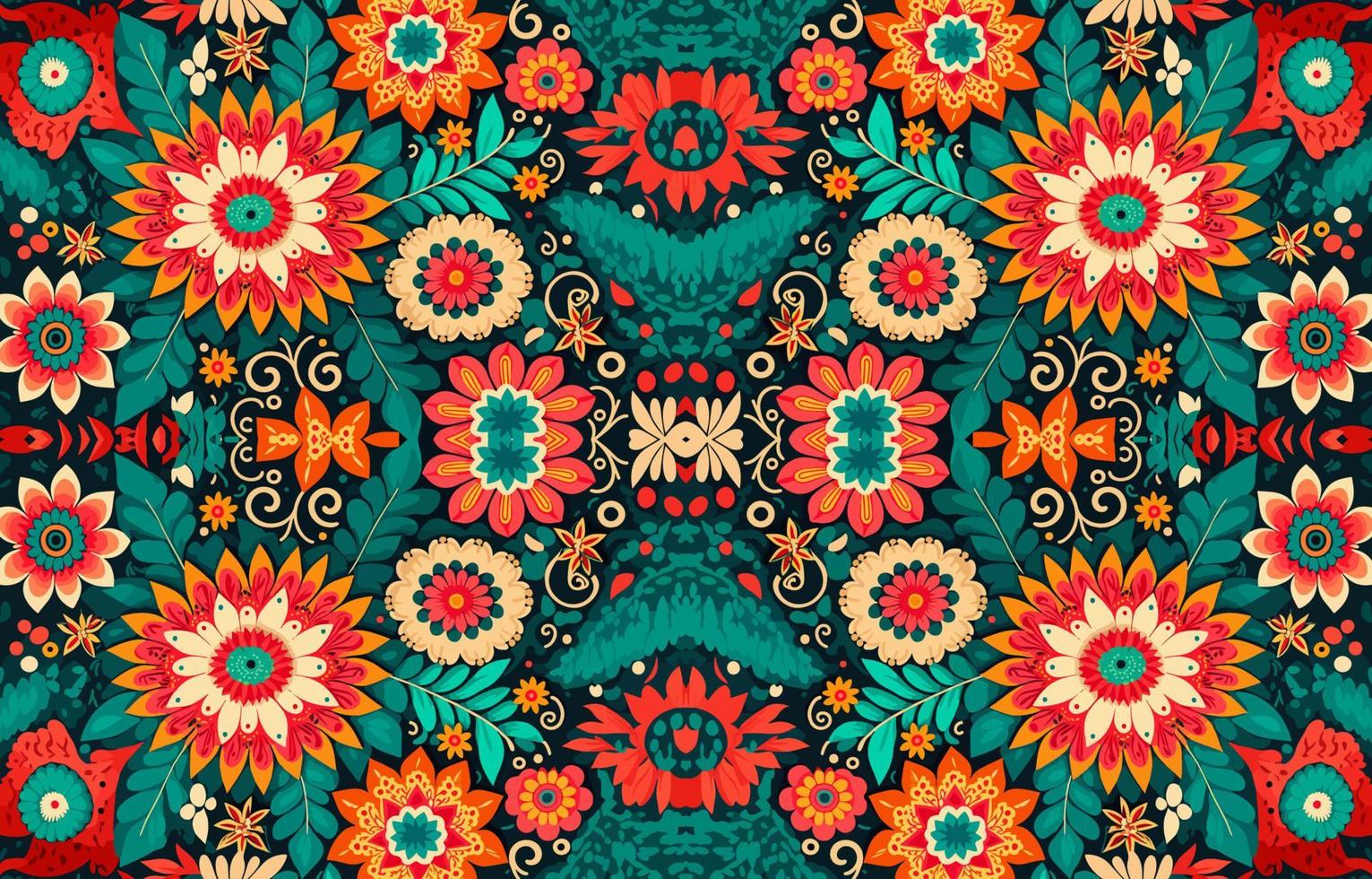 Floral seamless fabric pattern on black background. Abstract fabric textile line graphic flower blooming antique. Ethnic colorful flowers garden vector ornate elegant luxury vintage retro style.