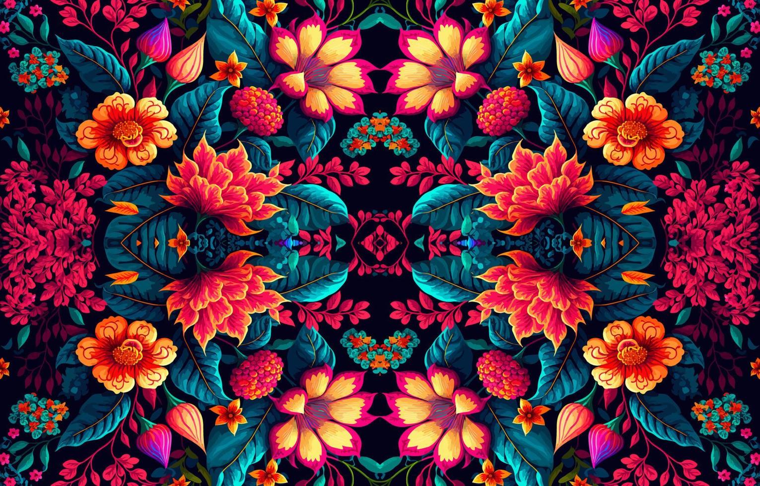 Floral seamless fabric pattern on black background. Abstract fabric textile line graphic flower blooming antique. Ethnic colorful flowers garden vector ornate elegant luxury vintage retro style.