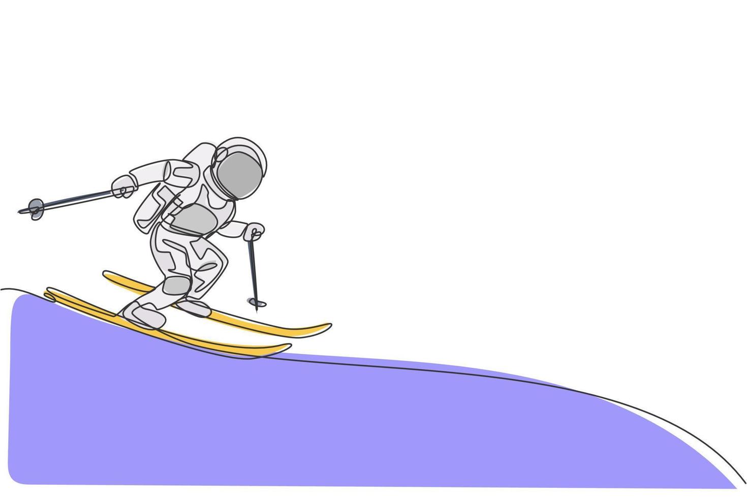 One continuous line drawing of astronaut skiing in deep space galaxy. Spaceman healthy fitness sport concept. Dynamic single line draw design vector graphic illustration