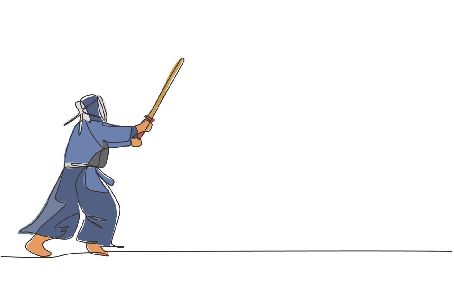 Single continuous line drawing of young sportive man practicing kendo attack martial art skill on gym sport center. Fighting sport concept. Trendy one line draw graphic design vector illustration