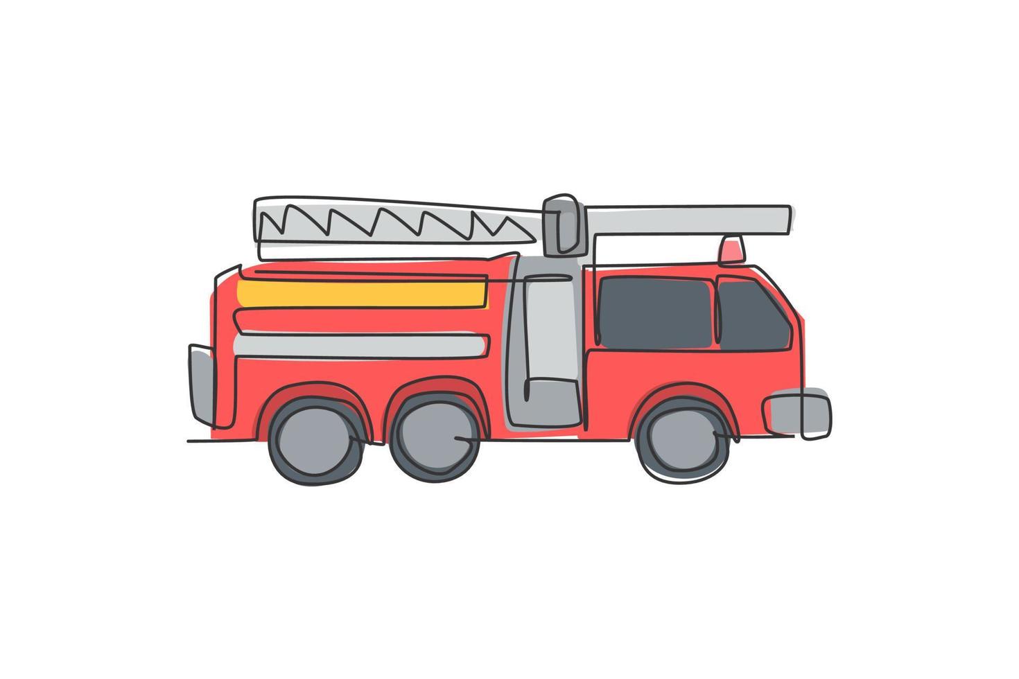 Continuous one line drawing of emergency road vehicle fire engine. Fire truck rescue as fire fighter apparatus hand drawn minimalist concept. Modern single line draw design vector graphic illustration