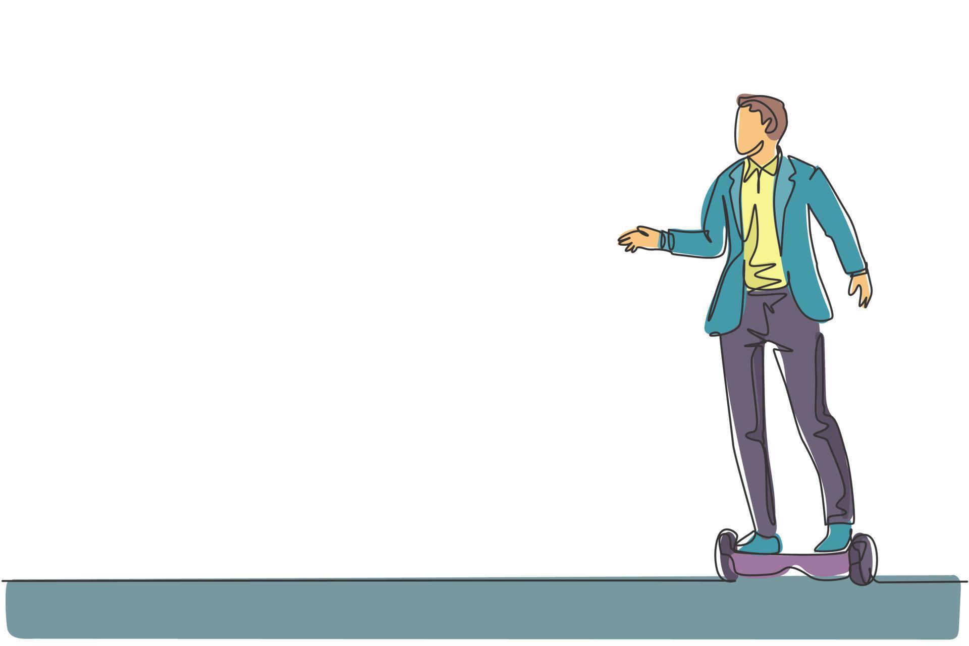 Single continuous line drawing of young happy businessman riding