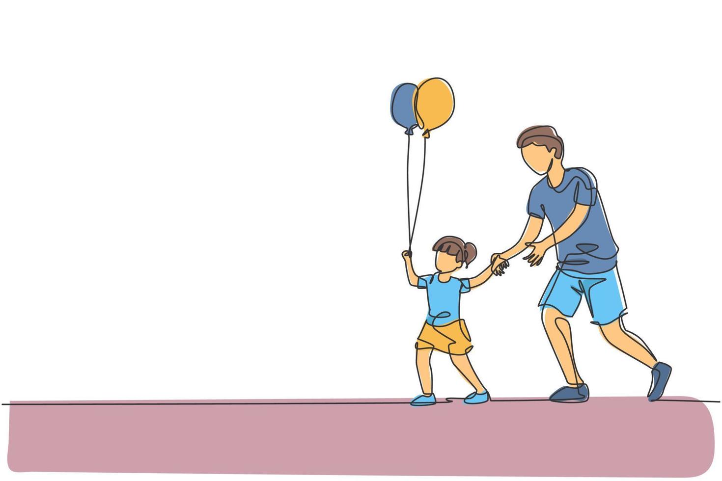 un dibujo de línea continua, un padre joven y su hija van al festival de carnaval nocturno mientras el niño sostiene un globo. concepto de crianza de los hijos de familia feliz. Ilustración gráfica de vector de diseño de dibujo de una sola línea