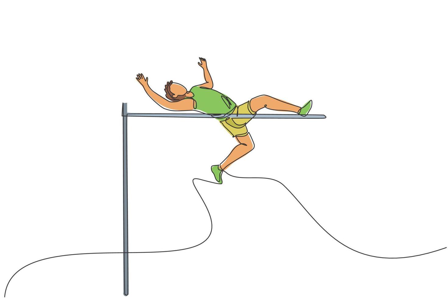 One single line drawing of young energetic man success to pass the bar on high jump match vector illustration. Healthy athletic sport concept. Competition event. Modern continuous line draw design
