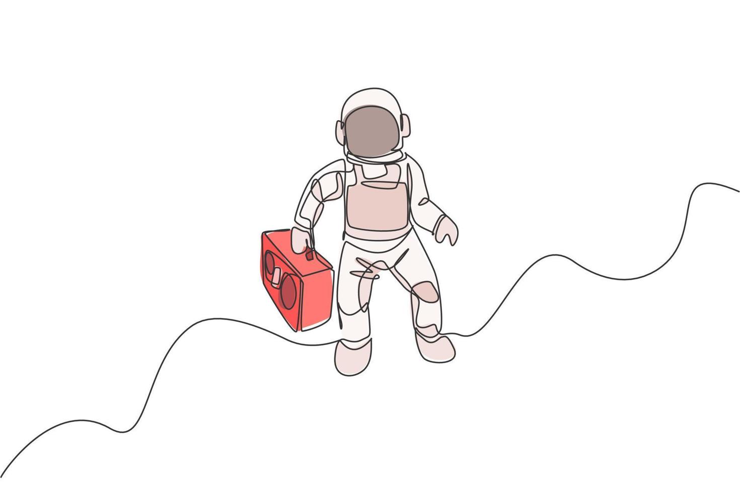 One single line drawing of spaceman flying and bringing retro radio in deep space graphic vector illustration. Music concert poster with space astronaut concept. Modern continuous line draw design