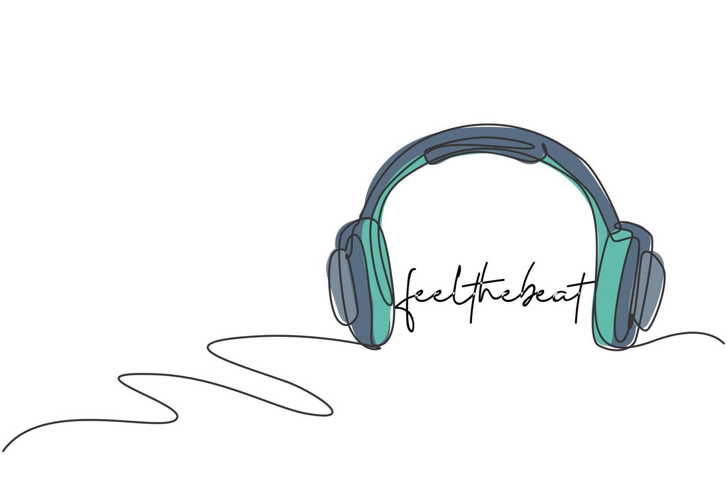 Single continuous line drawing of headphone radio with long wire logo label. Musical audio company logotype icon concept. Modern one line draw graphic design vector illustration