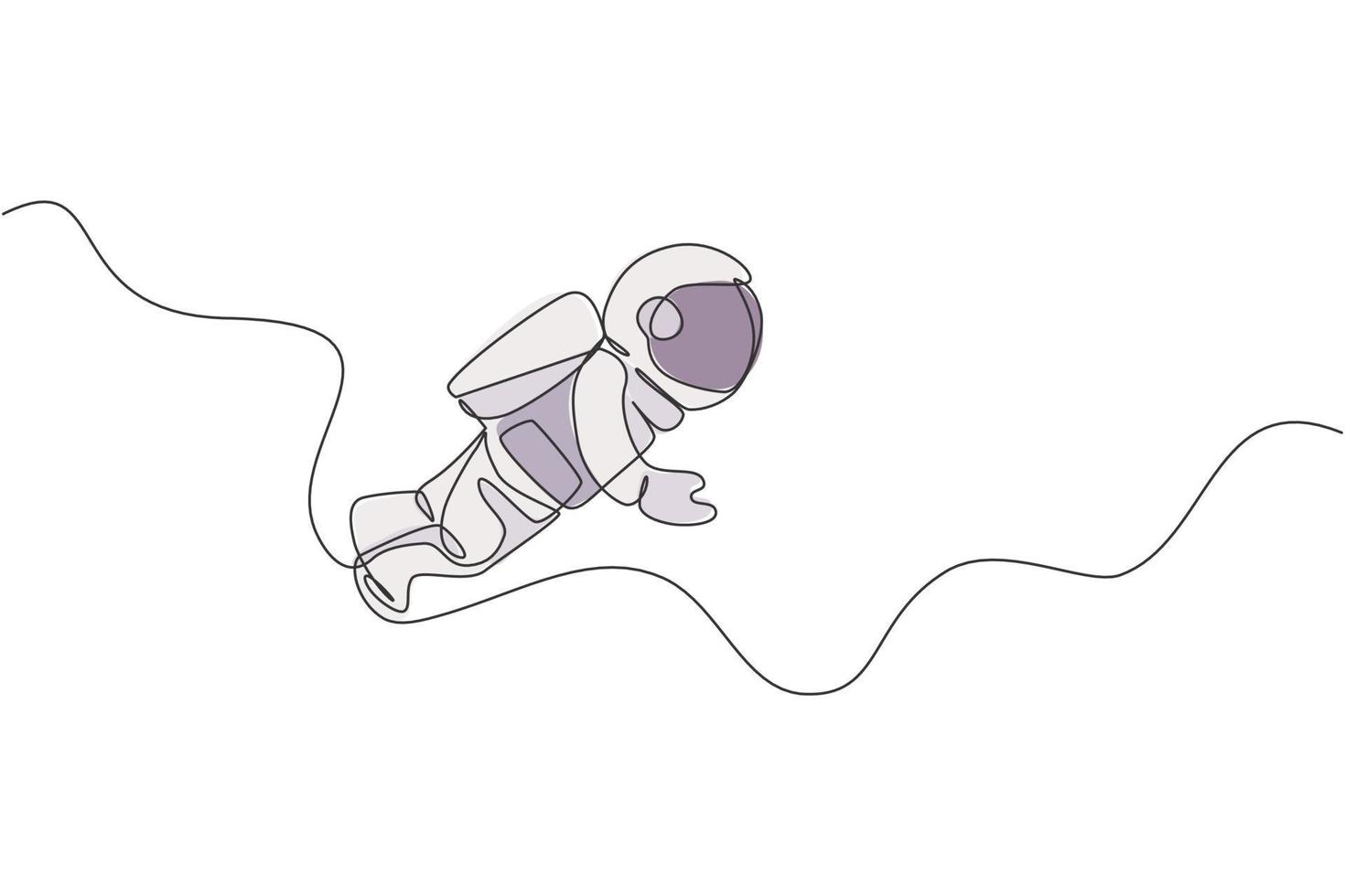 One single line drawing of young astronaut in spacesuit flying at outer space vector illustration. Spaceman adventure galactic space concept. Modern continuous line draw design graphic