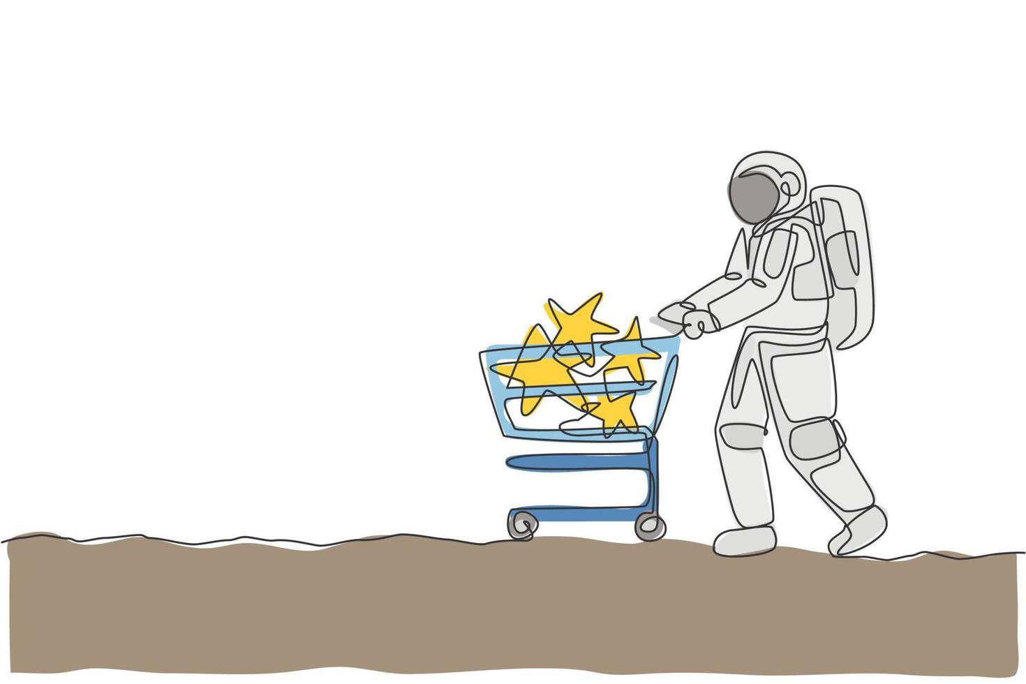 One continuous line drawing of young astronaut pushing trolley with stars inside and buying toy in supermarket. Cosmic galaxy space concept. Dynamic single line draw design vector graphic illustration