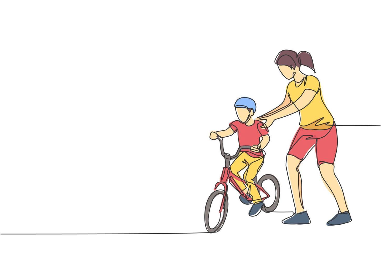 Single continuous line drawing of young kids boy learning ride bicycle with mother at outdoor park. Parenthood lesson. Family time concept. Trendy one line draw design vector graphic illustration