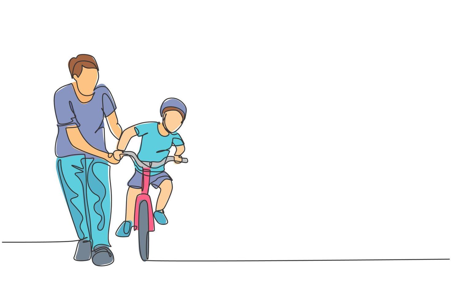 One single line drawing of young father teaching his boy kid riding bicycle at public park graphic vector illustration. Fatherhood lesson. Urban family time concept. Modern continuous line draw design