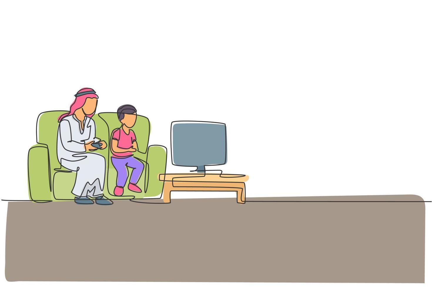 Single continuous line drawing of young Arabian father playing console game at home together with son. Islamic muslim happy family fatherood concept. Trendy one line draw design vector illustration