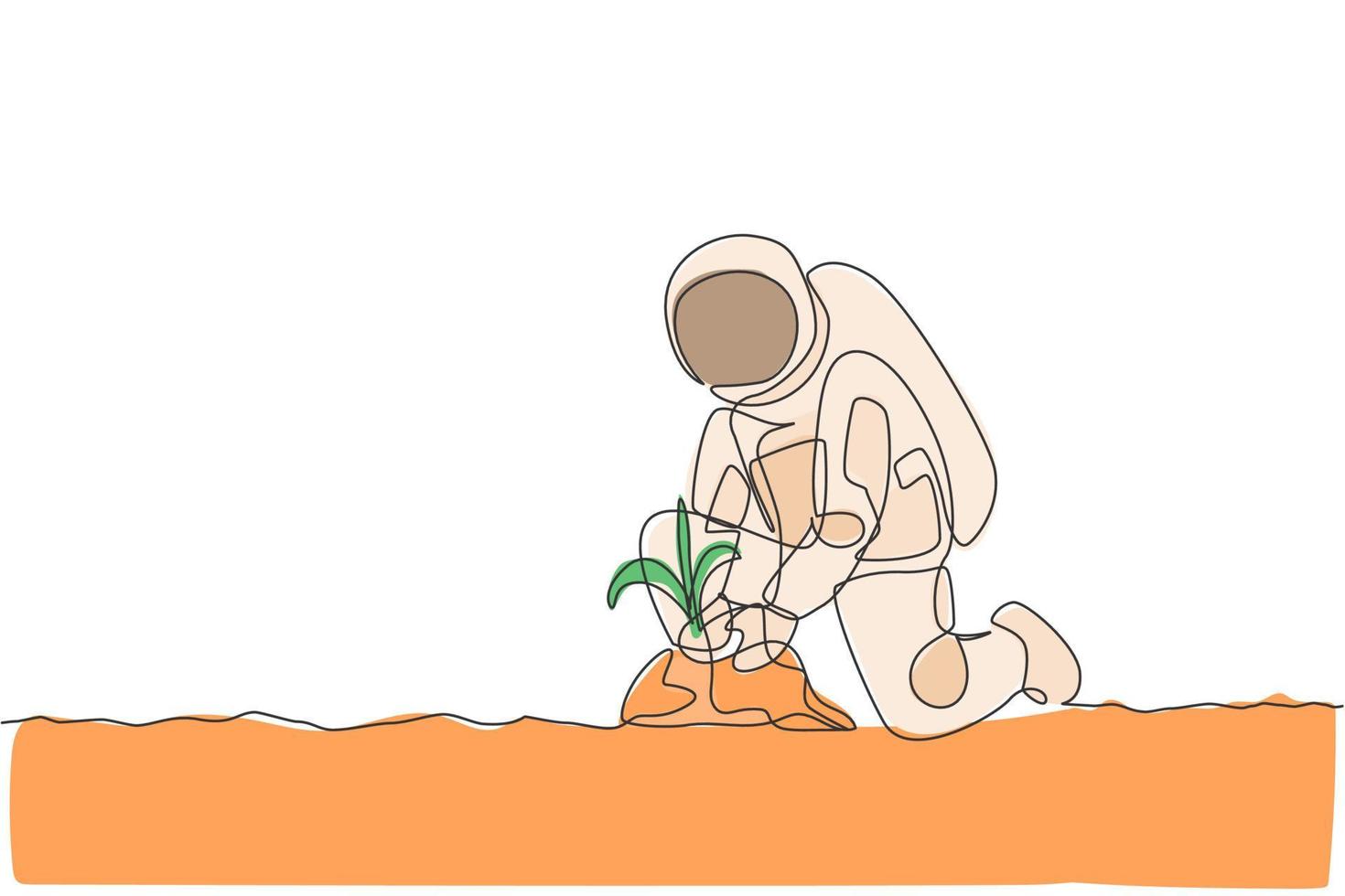 One single line drawing of astronaut planting new species tree seed carefully in moon surface vector illustration. Outer space farming concept. Modern continuous line draw graphic design