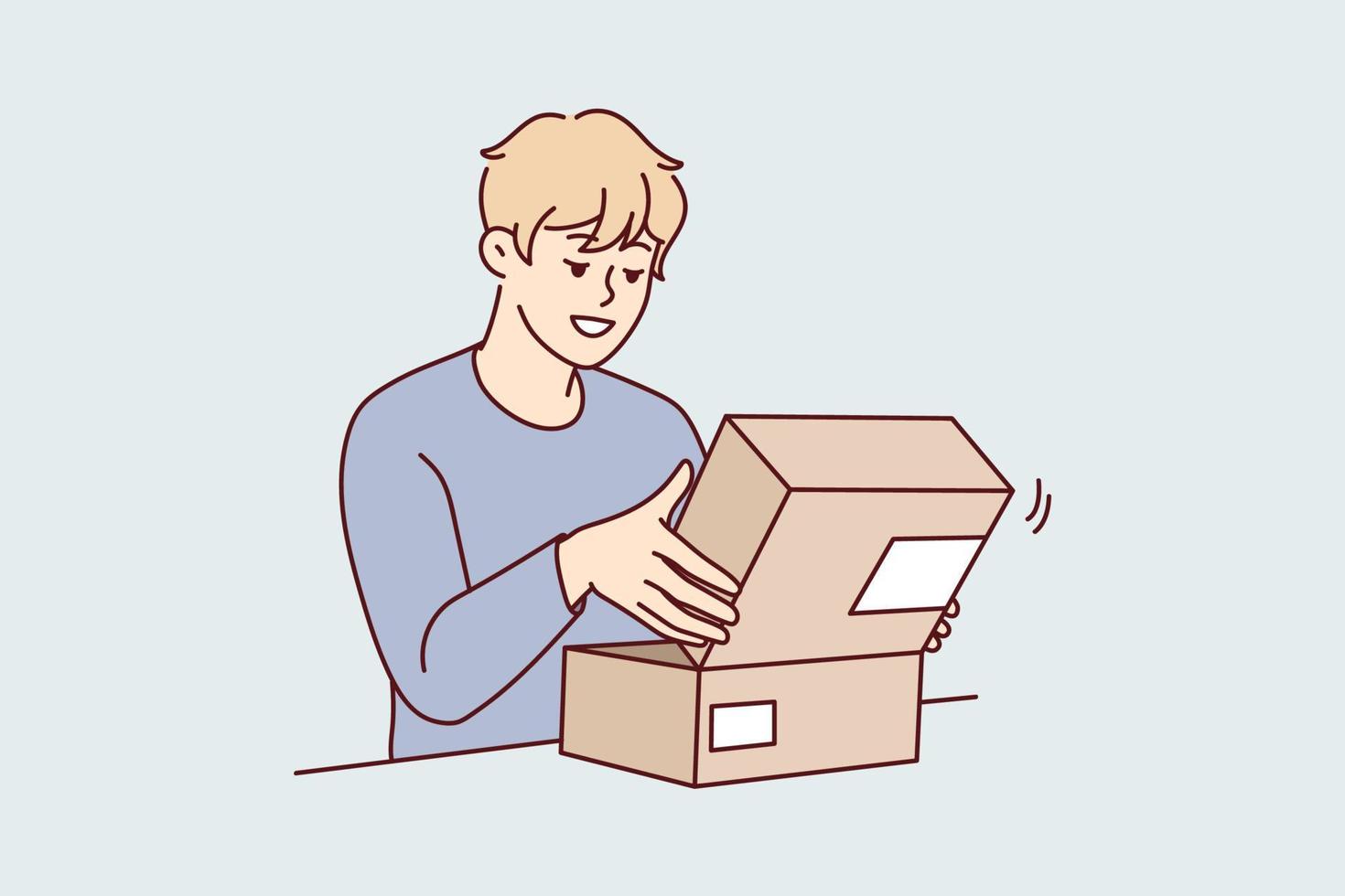 emocionado joven hombre abierto cartulina caja compras en línea. sonriente masculino cliente o cliente deshacer enviar paquete o empaquetar ordenando bienes en Internet. vector ilustración.