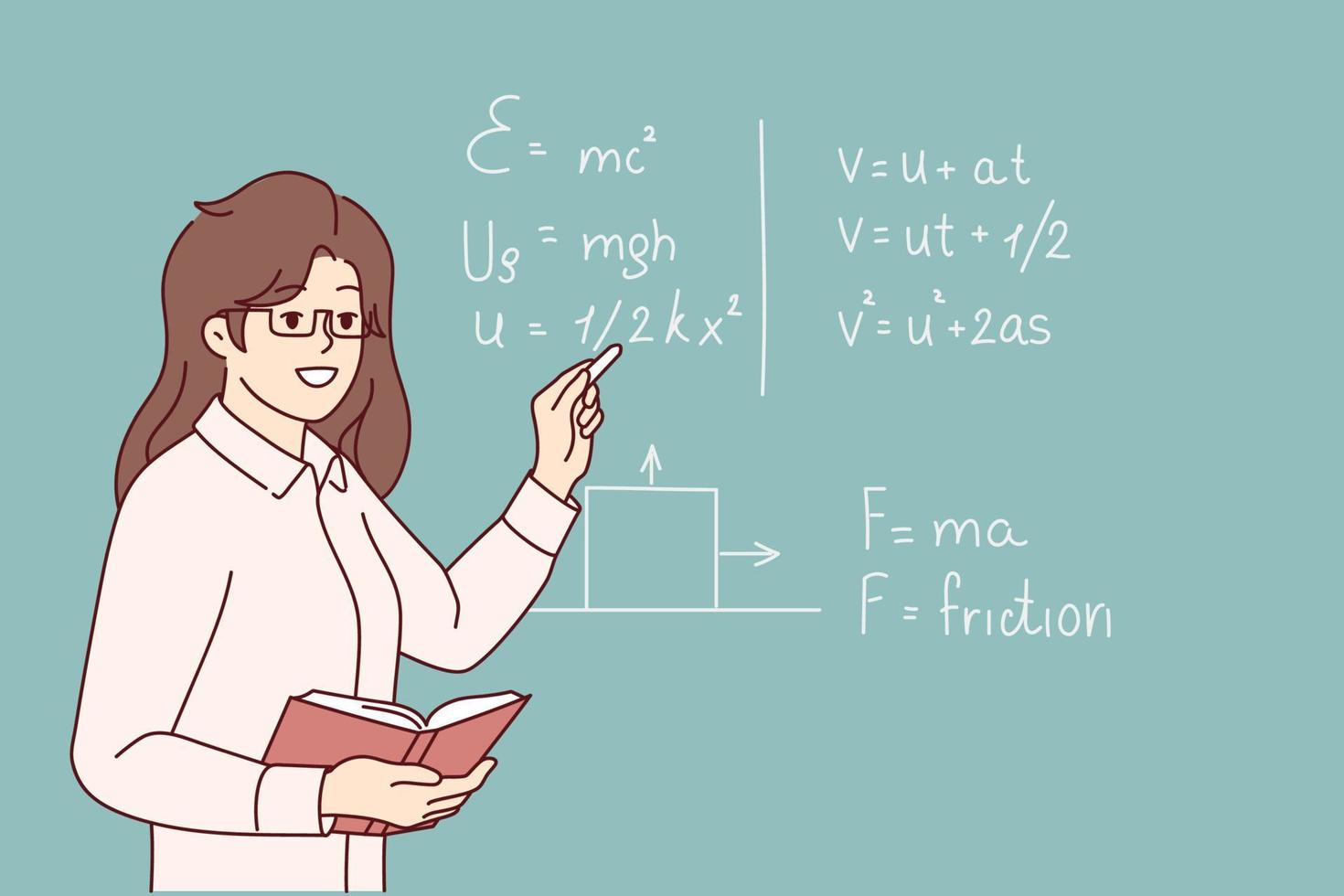 Smiling female teacher standing near black board talking at lesson in school. Happy woman tutor lead math class for pupils. Education. Vector illustration.