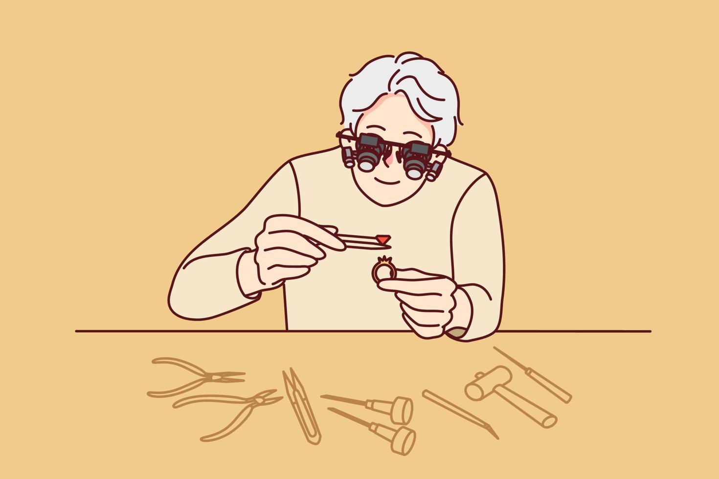 Jeweler in glasses working with rings and diamonds. Old man work with gems for jewelry at workplace. Vector illustration.
