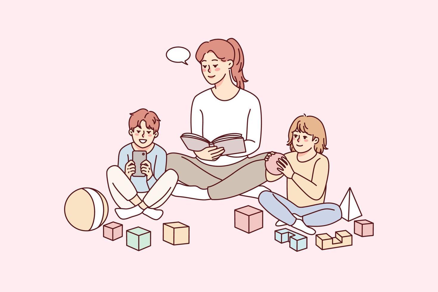 Happy young mother relax together with small kids at home. Mom or nanny rest with little children indoors. Childhood and parenthood. Vector illustration.